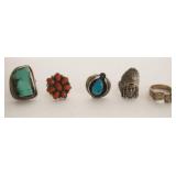 1183	STERLING SILVER INDIAN HEAD CHIEF RING APPROXIMATE SIZE 8.5 AND 3 TURQUOISE STONE RINGS APPROXI