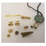 1196	ASSORTED MENS JEWELRY INCLUDING STERLING SILVER MEXICO BOLERO TIE, PENNSYLVANIA RAILROAD TIE TA