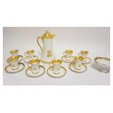 1017	LIMOGES GILT RIM CHOCOLATE SET, CHOCOLATE POT W/8 CUPS & SAUCERS & HAND PAINTED NIPPON COMPOTE,