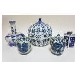 1027	GROUP OF ASORTED ASIAN, BLUE & WHITE COVERED JARS & VASE, TALLEST APPROXIMATELY 11 IN HIGH