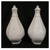1034	PAIR OF TALL PORCELAIN COVERED VASES/URNS, GEOMETRIC SHAPED W/RELIEF ASIAN DESIGN ALL OVER, EAC