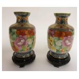 1036	PAIR OF CLOISONNE VASES ON WOOD STANDS, EACH APPROXIMATELY 8 IN HIGH