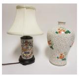 1037	ASIAN PORCELAIN VASE & TABLE LAMP W/IMAGES OF URN W/FLOWERS ON WOOD BASE, TALLEST APPROXIMATELY