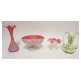 1040	GROUP OF ASSORTED VICTORIAN GLASS ITEMS, CASED & SATIN INCLUDING VASES & COMPOTES, TALLEST PIEC