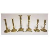 1042	GROUP OF ANTIQUE BRASS CANDLESTICKS INCLUDING PUSH UP, TALLEST APPROXIMATELY 9 1/2 IN