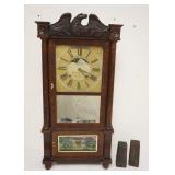 1051	ANTIQUE SHELF CLOCK, BIRGE & GILBERT 8-DAY, CARVED EAGLE CREST, SOME VENEER & REVERSE PAINT LOS