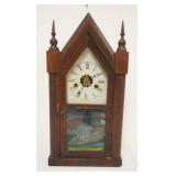 1056	ANTIQUE STEEPLE CLOCK, NEW HAVEN CLOCK CO, LOSS TO PAINT & VENEER, APPROXIMATELY 4 1/2 IN X 10 