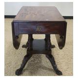 1083	ANTIQUE FEDERAL ROSEWOOD TOP DROP LEAF TABLE, ACANTHUS CARVED BASE, ONE DRAWER, APPROXIMATELY 2