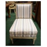 1106	UPHOLSTERED BOUDIOR CHAIR WITH STRIPED FABRIC AND DISTRESSED PAINTED FINISHED FRAME, APPROXIMAT