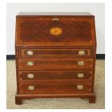 1111	HECKMAN FURNITURE CO MAHOGANY INLAID SLANT FRONT SECRETARY DESK WITH INSET LEATHER DESK LID INT
