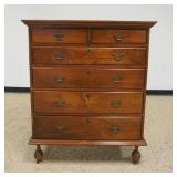 1112	WILLIAM & MARY PRIMITIVE STYLE PINE 5 DRAWER CHEST ON UNUSUAL TULIP BUN FEET, APPROXIMATELY 42 