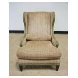 1140	HENREDON HIGH WING BACK UPHOLSTERED ARM CHAIR WITH BRASS TACK ACCENTS, APPROXIMTELY 31 IN X 32 