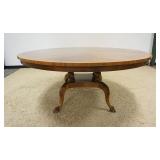1145	NICE 72 IN X 31 IN HIGH ROUND BANDED MAHOGANY TABLE ON BALL AND CLAW FOOT PEDESTAL WITH TURNED 