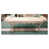 1149	PLUME FEATHER AND DRAPE CARVED WINDOW BENCH WITH UPHOLSTERED SEAT AND ARMS, APPROXIMATELY 50 IN