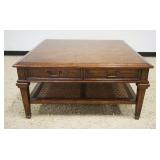 1159	COCKTAIL TABLE WITH 2 DRAWERS AND PRESSED CANE LOWER SHELF, APPROXIMATELY 42 IN SQ X 21 IN H