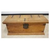 1165	PINE CONTINENTAL LIFT TOP STORAGE CHEST WITH WROUGHT IRON STRAP HINGES AND CORNER BRACES, APPRO