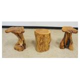 1166	ADIRONDACK RUSTIC STYLE STOOLS AND TABLE, STOOLS APPROXIMATELY 16 IN  X 14 IN X 20 IN H, TABLE 