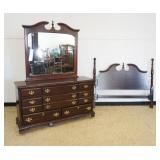 1186	CHERRY 8 DRAWER LOW CHEST WITH ATTACHED MIRROR AND QUEEN SIZE HEADBOARD, APPROXIMATELY 62 IN X 
