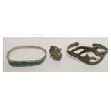 1214	2 BRACELETS MARKED MEXICO STERLING AND A MARCASITE RING, 1.4 TOZ