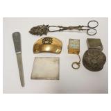1226	3 PILL BOXES, DRESS MIRROR, VINTAGE FISH TONGS, BELT BUCKLE AND FRANKLIN MINT LETTER OPENER