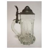 1009	ANTIQUE PRESSED GLASS STEIN W/PEWTER TOP AND RUBY BULLSEYE CENTER