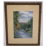 1031	FRAMED PASTEL OF STONE ARCHED BRIDGE OVER RIVER, TITLED *ALONG THE WISSAHICKORY PHILADELPHIA, P