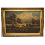 1038	LARGE ANTIQUE OIL PAINTING ON CANVAS, IMAGE OF A FARM & COTTAGE ALONG LAKE SHORE, APPROXIMATELY