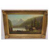 1039	LARGE OIL PAINTING ON BOARD, SCENE OF LAKE BY MOUNTAIN SIDE, APPROXIMATELY 43 IN X 29 IN OVERAL