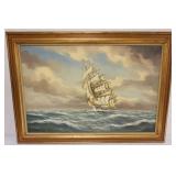 1042	OIL PAINTING ON CANVAS, SCENE DEPICTING SAILING SHIP AT SEA, ARTIST SIGNED JAN SCHAEFFER 1923-2018, APPROXIMATELY 43 IN X 30 IN OVERALL