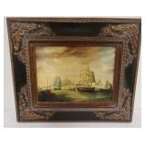 1044	OIL PAINTING ON BOARD, IMAGE OF SHIPS IN HARBOR, ARTIST SIGNED JOHN BOWER,