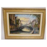 1046	OIL PAINTING ON CANVAS, CONTINENTAL STREET SCENE, ARTIST SIGNED