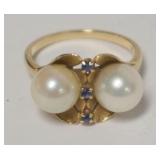 1125	14K LADIES PEARL AND SAPPHIRE LADIES RING, APPROXIMATE SIZE 6, 2.53 DWT NOT INCLUDING STONES