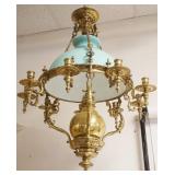 1146	ANTIQUE BRASS HANGING CHANDELIER WITH CANDLE AND KEROSENE BURNERS, GREEN CASED GLASS SHADE, APP