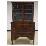 1155	ANTIQUE MAHOGANY FEDERAL PERIOD 2 PART SECRETARY DESK, HAVING A DOUBLE DOOR BOOKCASE TOP WITH INDIVIDUAL GLASS PANE ON A LOWER 5 DRAWER BASE, APPROXIMATELY OVERALL 38 IN X 20 IN X 70  IN H, SOME 