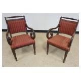 1163	PAIR OF EMPIRE SCROLLED ARM CHAIR WITH UPHOLSTERD SEATS AND BACKS, SOME VENEER LOSS TO SIDE, EA