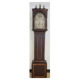 1166	ANTIQUE TALL CASE CLOCK, MAHOGANY WOOD CASE WITH ROSEWOOD BANDED DOORS AND STOP CHAMPHERED SIDE