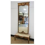 1172	PIER MIRROR WITH MARBLE TOP BASE, MIRROR FRAME WITH TURNED HALF COLUMNS AND SHELL CREST, MIRROR