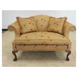 1174	SHERRILL UPHOLSTERED LOVE SEAT WITH CRAVED BALL AND CLAW FOOT LEGS, APPROXIMATELY 60 IN X 33 IN