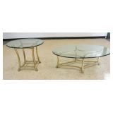 1195	OVAL GLASS TOP COFFEE TABLE AND ROUND LAMP TABLE WITH HEAVY BRASS BASE, COFFEE TABLE APPROXIMAT