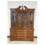 1207	BROYHILL CHERRY 2 PIECE CHINA CABINET WITH BEVELED GLASS DOORS, INTERIOR LIGHTING AND STOP CHAM