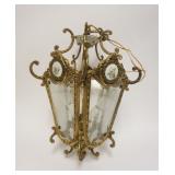1216	HANGING BRASS CHANDELIER W/ETCHED GLASS PANELS & PORCELAIN FLORAL ROSETTES, APPROXIMATELY 12 IN