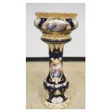 1045	PORCELAIN POT & PEDESTAL W/EMBOSSED SHELLS & IMAGES OF COURTING SCENES, GILT ACCENTED & TRIM, K