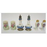 1049	HAND PAINTED PORCELAIN & CHINA SALTS & PEPPERS, 2 W/STERLING BASES, TALLEST APPROXIMATELY 5 1/4