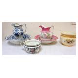1066	ANTIQUE WATER BOWL AND PITCHERS, CHAMBER POT AND JARDINEER, LARGEST PIECE APPROXIMATELY 16 IN X