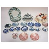 1067	GROUP OF ASSORTED PORCELAIN INCLUDING COVERED CHEESE DISH, MINIATURE TUREEN, BLUE WEDGWOOD TRAN