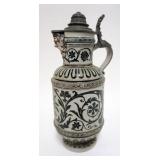 1073	GERMAN STONEWARE PITCHER WITH PEWTER LID, APPROXIMATELY 15 IN H