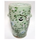 1079	ASIAN GREEN CELADON PORCELAIN GARDEN STOOL WITH EMBOSSED FOO DOG HEADS, APPROXIMATELY 12 IN X 2
