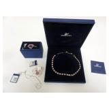1090	SWAROVSKI CRYSTAL JEWELRY, 2 HEART NECKLACES ONE IN BOX, HEART PIN AND HEART BRACELET
