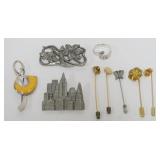 1103	ASSORTED LADIES JEWELRY INCLUDING 5 STICK PINS, 3 DESINGER PINS INCLUDING 2 SEAGULL PEWTER AND 