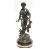 1113	AUGUSTE MOREAU SIGNED BRONZE STATUE  *FRIENDS* MAN WALKING WITH DOG ON MARBLE BASE, APPROXIMATE